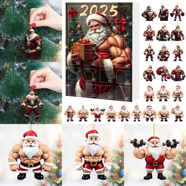 2025 Julnedräkningskalender - 24 dagar 2D Akryl Bodybuilder Jultomte Ornament, Söt Adventsstil Juldekor B
