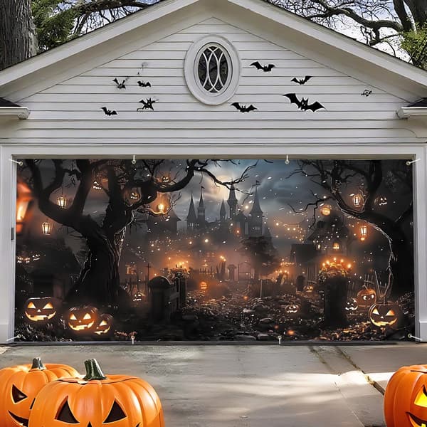 6x13FT Halloween Garageport Banner – Haunted Path with Lanterns Moon & Bats BNM127