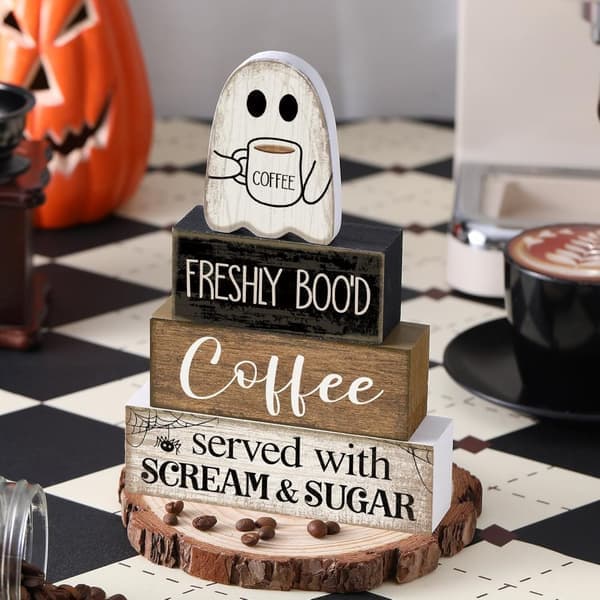 4-pack Halloween Bordsdekoration - Kaffespöke Träskyltar Tiered Tray Dekor