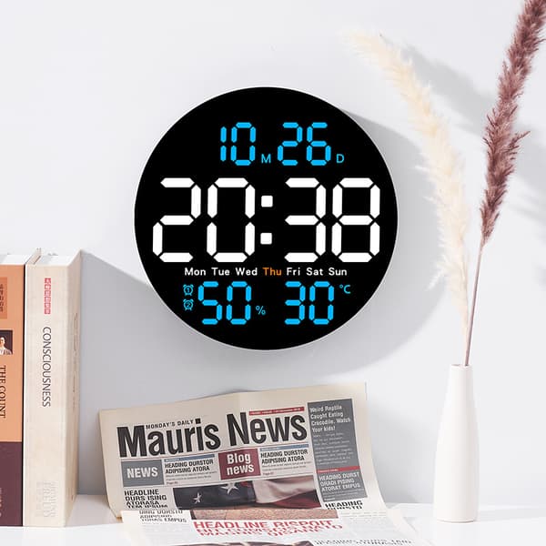 LED Digitalt Vægur 10 Tommer Display Temperatur- og Fugtighedsindikator Moderne Design Blå