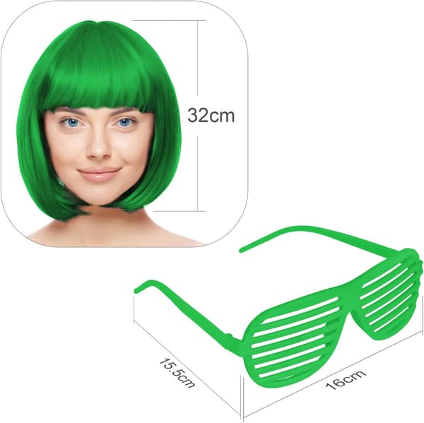 Färgglad Kort Peruk Och Solglasögon Set För Möhippefest - 35 cm Grön Cosplay Peruk Hårstycken