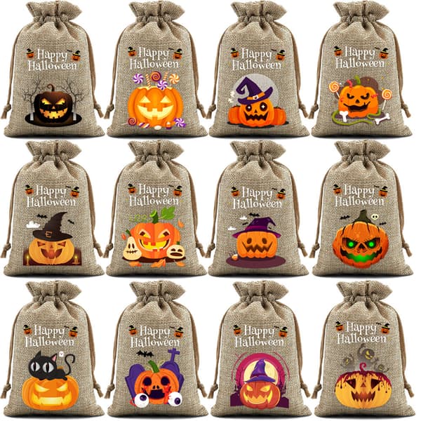 Halloween Pumpa Godisväskor 24-pack Orange Dragskoväskor Presentpåsar Jack O Lantern Design Hampa Jute Snacks Påsar 10x14cm