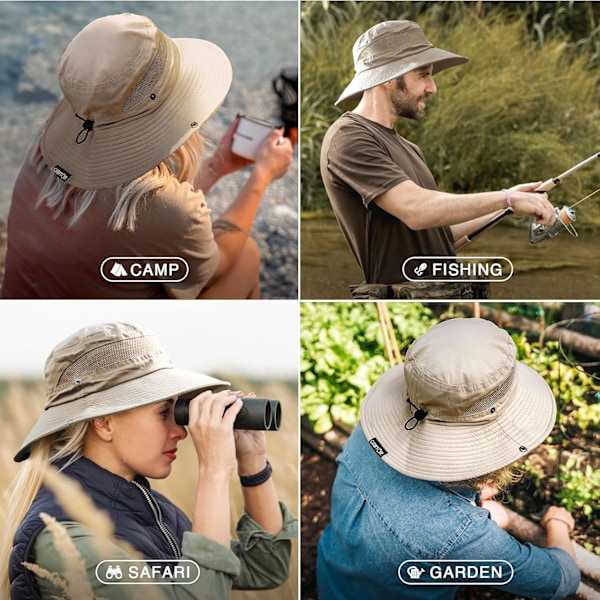 Fiskehatt UPF 50+ Bredbrättad Solhatt för Män och Kvinnor, Herr Bucket Hatt med UV-Skydd för Vandring Strandhattar (Khaki)