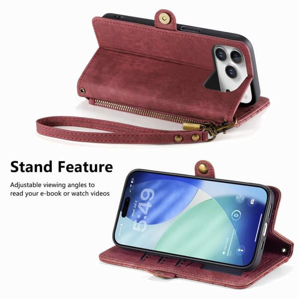 iPhone 17 Pro Max Skinnveske med geometrisk glidelås og sidespenne Röd