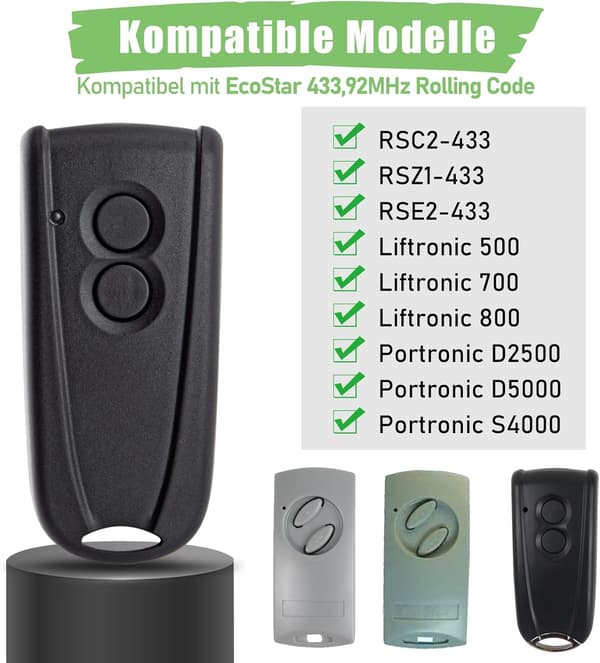 2-delt fjernkontroll for garasjeportåpner for EcoStar RSE2 RSC2 433,92MHz