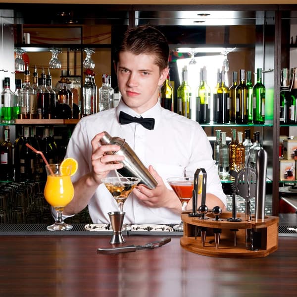 Bartender Set med Stilfullt Bambuställ, 12-Delars 740ml Cocktail Shaker Set för Blandade Drinkar