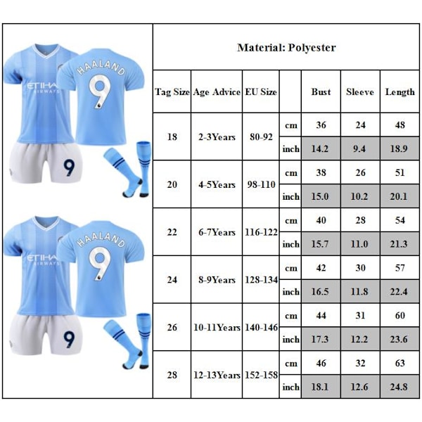 Fotbollströja Barn Haaland Fotbollsutrustning Hemmamatch Barn Pojkar Tröja Träningsoverall Tröja+Shorts+Strumpor 22