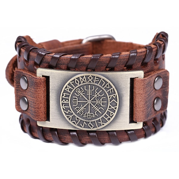 Nordisk Viking Runesläderarmband, Isländsk Vegvisir Symbol för Lycka och Välsignelser, (Äkta Läder Bred Brun Antik Brons)