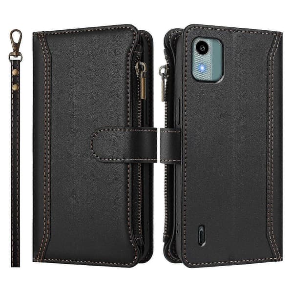 Magnetiskt Läderplånboksfodral med 9 Kortfack, Blixtlåsficka och Handrem för Säker Förvaring For Nokia C12