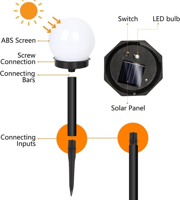 Sæt med 6 solcellekuglelamper til udendørs have, kold hvid, til stibelysning, 10 cm diameter QXD-6 stk.