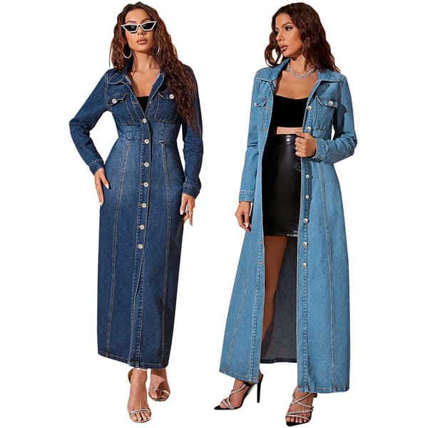 Lang Denimkjole Dame Midi Skjortekjole Mørkeblå Dark Blue S