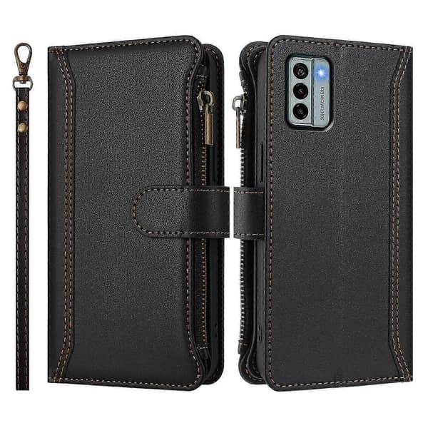 Magnetiskt Läderplånboksfodral med 9 Kortfack, Blixtlåsficka och Handrem för Säker Förvaring For Nokia G22