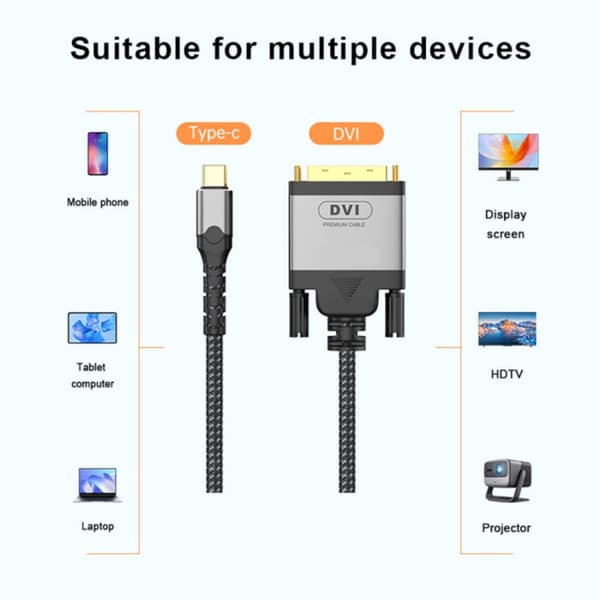 2m/6,56ft USB C til DVI Video Transmissionskabel til Bærbare Computere og Telefoner Skærmdeling Understøtter 1080P Opløsning og 60Hz