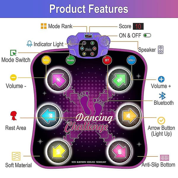 Dansmatte for barn 3 4 5 6 7 8 9 10+ år med Bluetooth, musikkdansmatte med 6 opplyste piler, elektroniske dansmatteleker med 5 spillmoduser