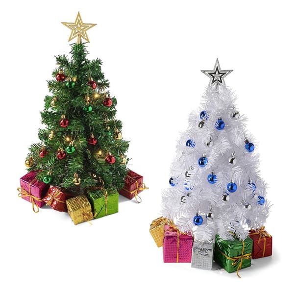 Small Christmas Tree - 60cm Mini Tabletop Tree with Hanging Ornaments, Decorative Bow and Gift Boxes