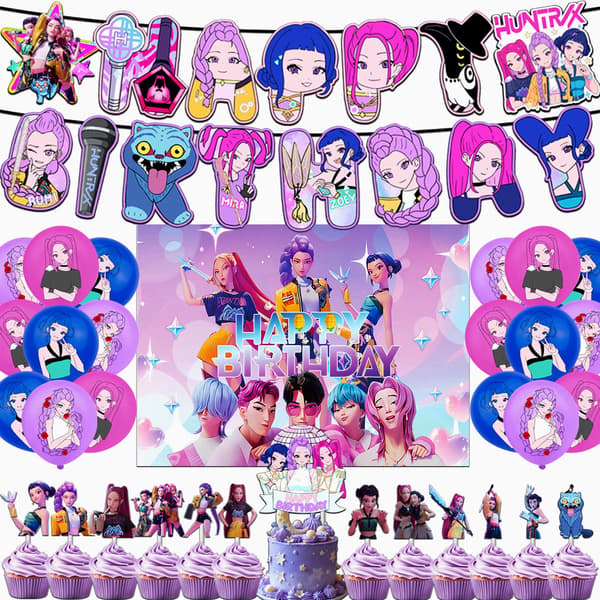 Demon Hunters Tema Bursdagsdekorasjonssett for Barn, KPOP Ballonger Vimpelbanner Kaketopper A
