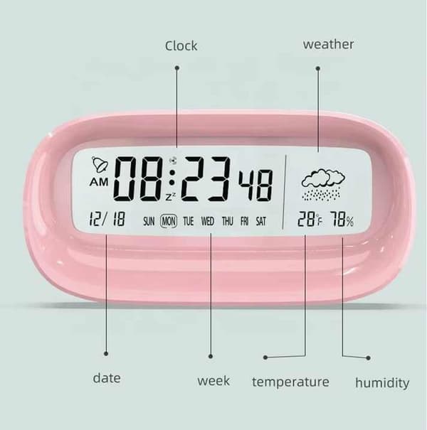 Digital skrivbordsväckarklocka med stor display, datum, tid och vecka med sekunder, väderstation för kök, nattduksbord och sovrum