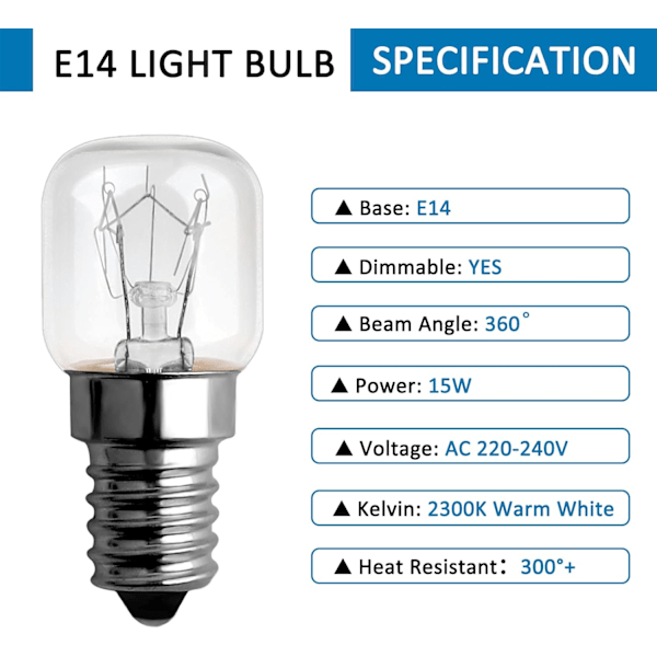 15W Uunilamppu 300 Astetta E14 Himmennettävä, Lämmin Valkoinen 2700k, AC 220V-240V, 85LM, Mikroaaltouuniin, Uuniin, 6 kpl