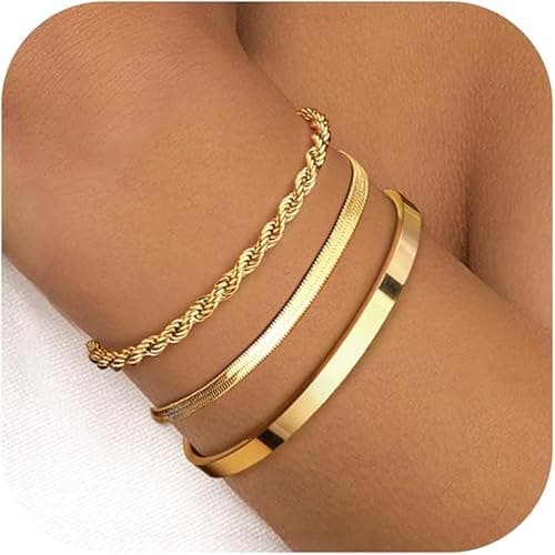 14K guldbelagt justerbart vandtæt armbånd til kvinder sæt med 3 rustfrit stål