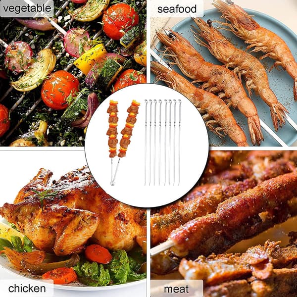 12-delt kebabspydsett i rustfritt stål med oppbevaringspose 36 cm for grilling, bål, BBQ, piknik
