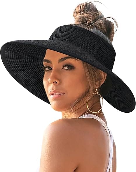Dame Solhat Bred Skygge UV Beskyttelse Foldbar Sommer Strandhat med Hestehalehul Sort