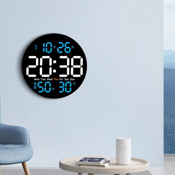 LED Digitalt Vægur 10 Tommer Display Temperatur- og Fugtighedsindikator Moderne Design Blå
