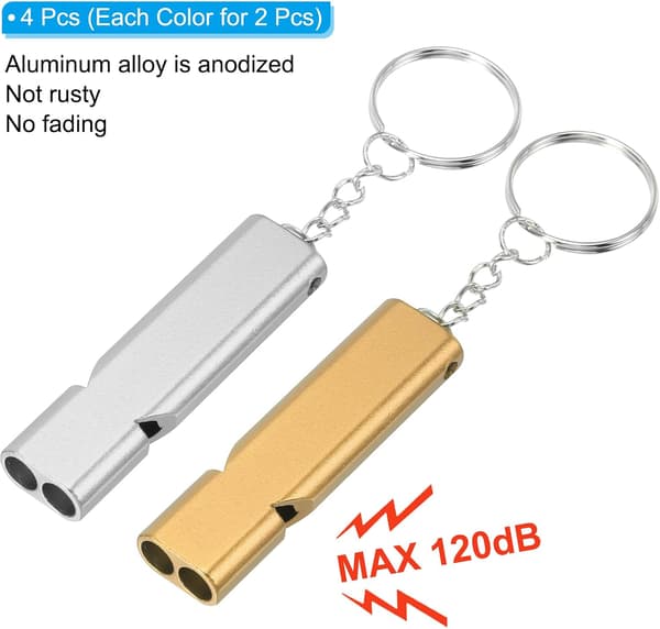Nöd visselpipa 4-pack aluminiumlegering 120dB dubbelrörsdesign nyckelring överlevnadssäkerhetsvisselpipa silver guld