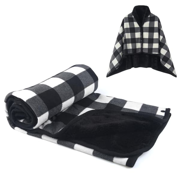 Fleecedækken Bærbart Plaid Knædækken Komfortabel Poncho Slå-om med Knapper til Seng Sofa Kontor Sort Hvid