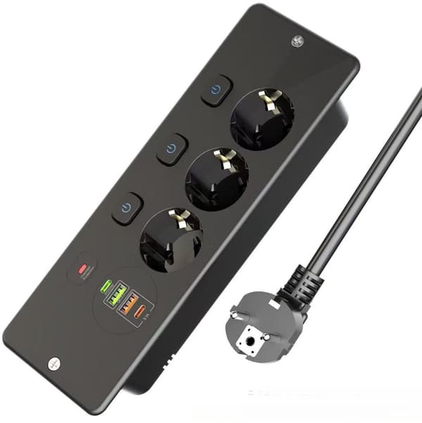 Uttrekkbar skrivebordsstrømskinne med 3 AC-uttak, USB-C og 4 USB-porter, hurtiglading black