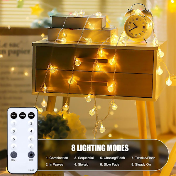 Patio-varjon valot pistokkeella - 33 jalkaa 100 LED-kristallikuulavalosarja 8 valaistustilalla