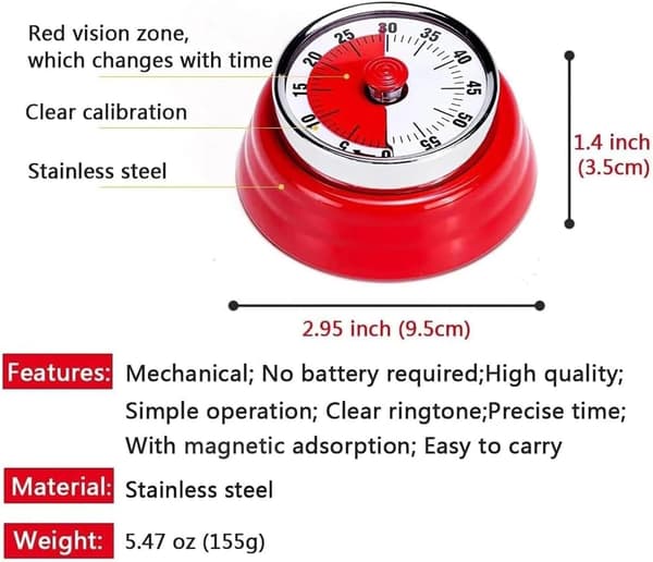 4 stk. mekanisk kjøkkentimer, visuell timer for barn, 60-minutters nedtellingstimer for matlaging, ingen batteri nødvendig, magnetisk timer for tid