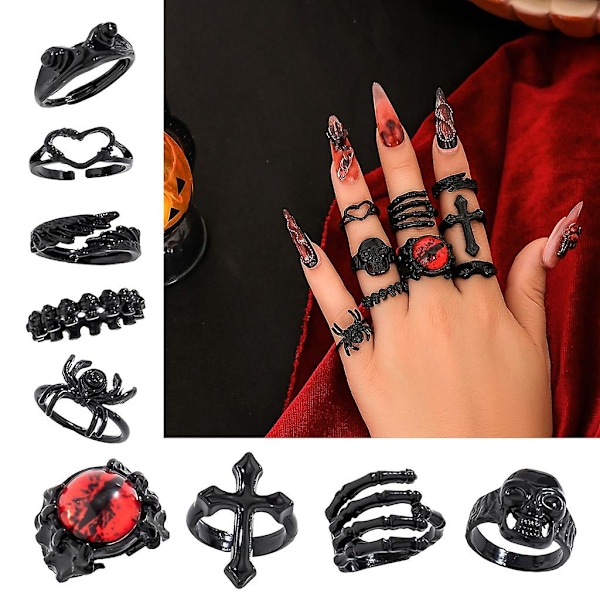 9 stk Halloween Ringsett Edderkopper Skalle Kors Åpne Ringer Stabelbare Fingerringer Halloween Smykker Festdekorasjoner (FMY)