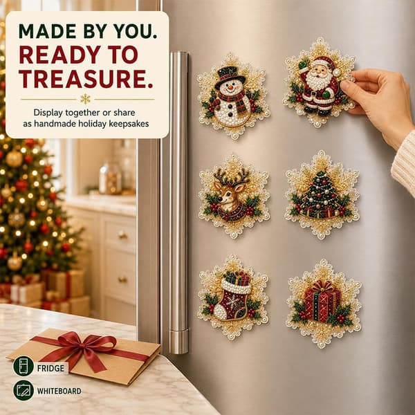 Juleperle- og diamantmaleri kjøleskapsmagnetsett - DIY håndverksdekor Snowflake 6-Piece Set