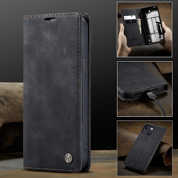 iPhone 14 8G skyddsfodral, PU-läder flip plånboksfodral med kortfack. black