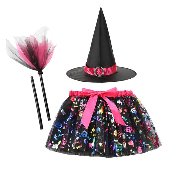 Piger Halloween Trykt Mesh Græskar Tutu Nederdel med Heksehat og Kost Tre-Delt Sæt RS24403 + Orange- M