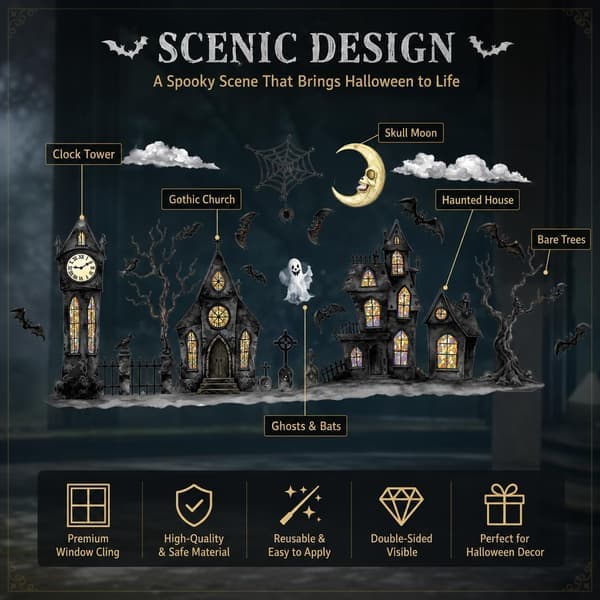 Halloween Window Decoration 2-pack/set, Haunted House and Spooky Stickers for Windows, Walls and Parties