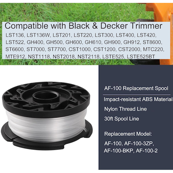Sett - 3-pakning AF-100 erstatningsspoler kompatible med Black+Decker AF-100-3ZP AF-100-BKP gresstrimmer