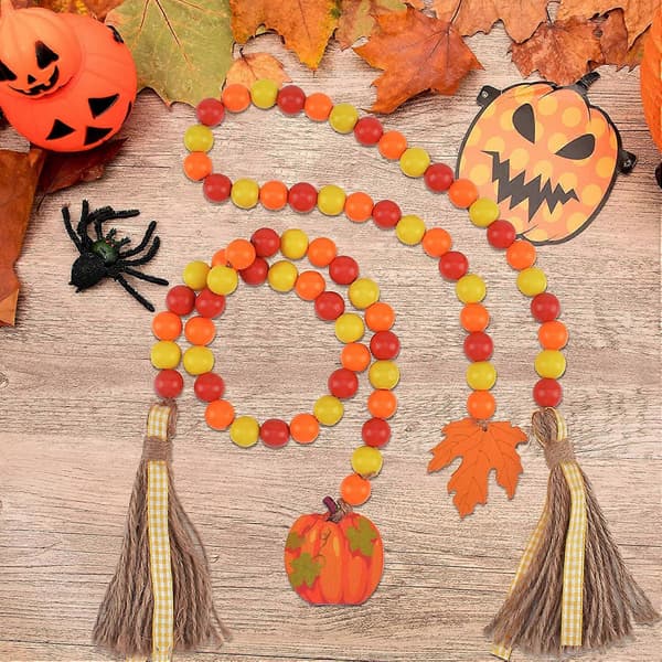 2-pack höstpärlkrans Halloween-prydnad, pumpa lönnlöv och rutiga franspärlor