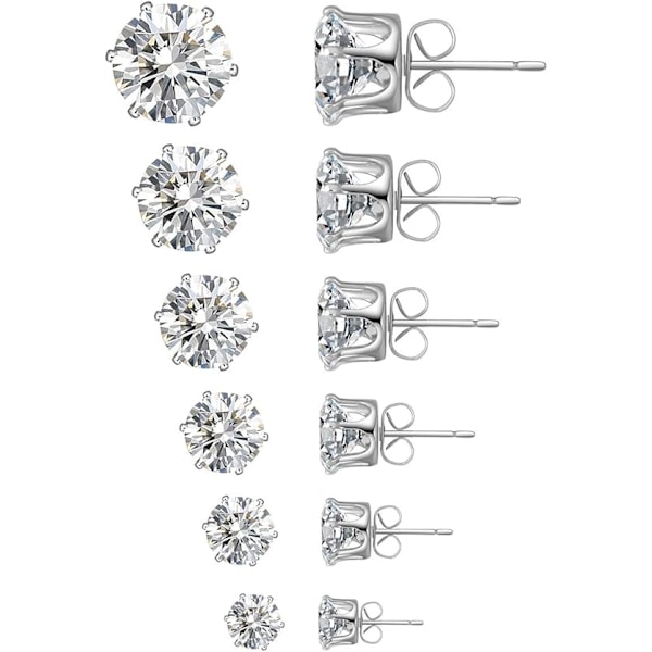 6 Par Örhängen Set, 316L Rostfritt Stål Klar Cubic Zirconia Örhängen För Kvinnor Män 3-8mm