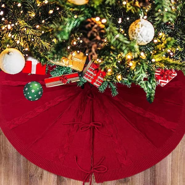 Julerød kabelstrikket juletrefot – Festlig heklet skjørt til julepynt 122cm/48 inches in diameter [Red]
