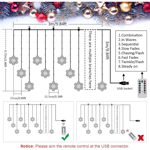 Värikkäät 3m Lumikiteen Valo Verhot, USB Jouluvalot Sisätilojen Valoon färgglad färgglad Schneeflocken - 3m