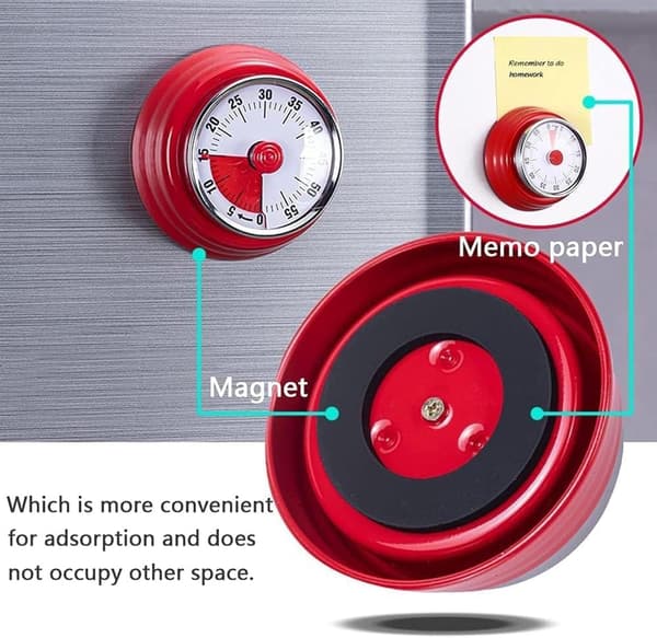 4 stk. mekanisk kjøkkentimer, visuell timer for barn, 60-minutters nedtellingstimer for matlaging, ingen batteri nødvendig, magnetisk timer for tid