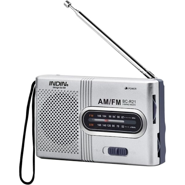 Bærbar radio lille radio sølv FM/AM (MW), ekstra stort drejehjul, mini radio med indbygget højttaler, batteridrevet
