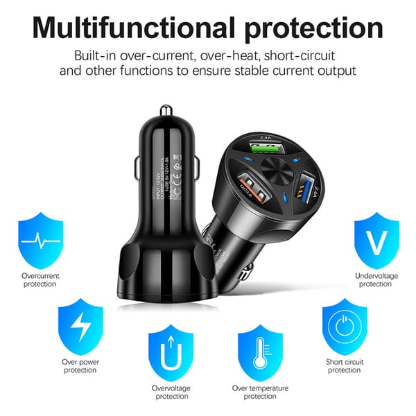 20W USB-C Biloplader Hurtig Opladningsadapter med Kabel Kompatibel til Android Samsung Smartphones 3-Port Sort