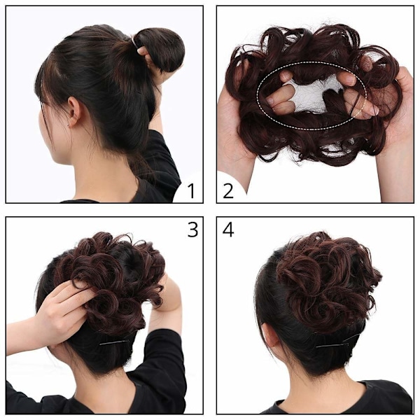 1 stk Messy Hair Bun Hårsnodd Forlengelse Krøllete Bølget Messy Syntetisk Chignon for Kvinner Updo Hairpiece Darkest Brown & Light Auburn Mixed