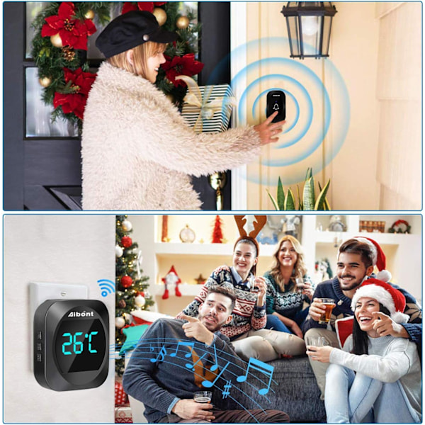 Termometer, IP44 Vandtæt Dørklokke med 300m Rækkevidde, 38 Melodier, 0-100dB Høj 4-Trins Lydstyrke og LED-Display, Trådløs Dørklokke til Stikkontakt