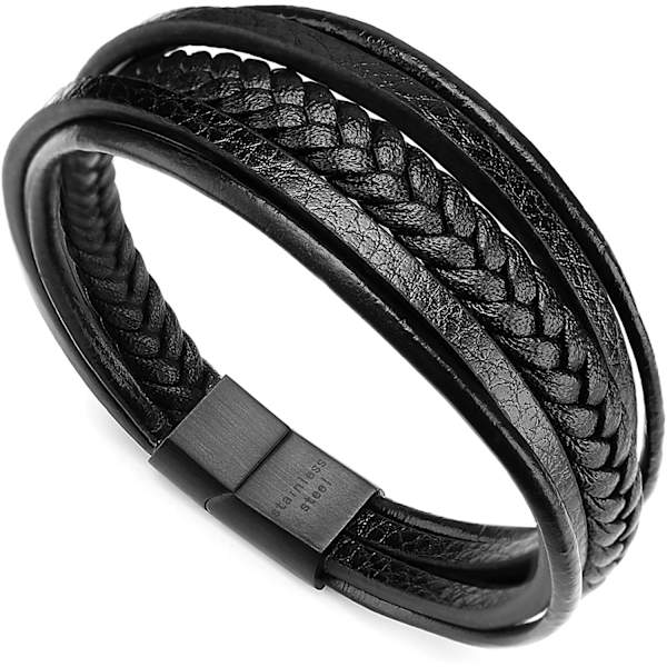 Herrarmband i äkta läder flätat med magnetlås (22 cm)