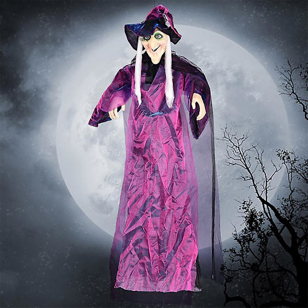 Halloween-riipusnoita LED-silmillä ja aaveäänellä Halloween-koriste ääniaktiivinen Halloween-noitakoristeet