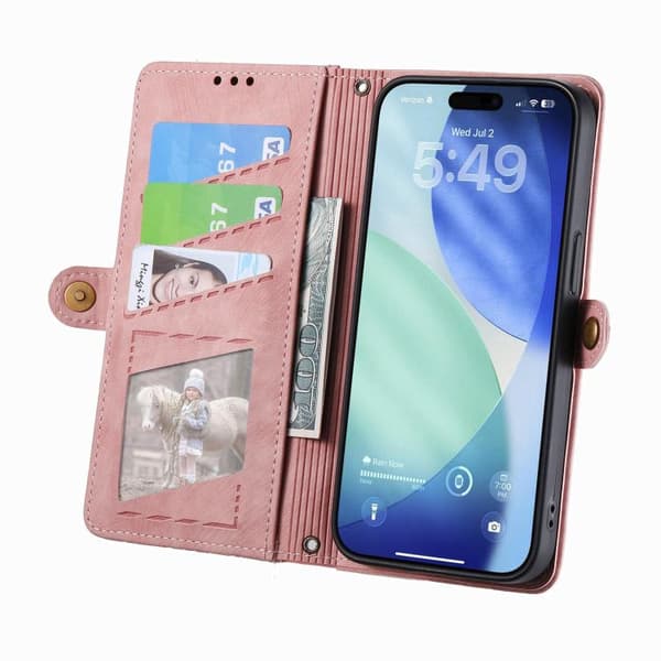 iPhone 17 Pro Max Skinnveske med geometrisk glidelås og sidespenne Rosa