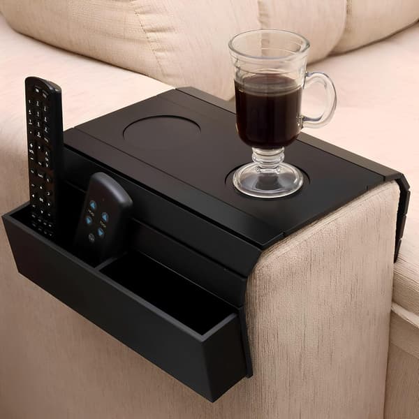 Sofabrett for armlene i tre, sammenleggbart sofabrett for armlene, armlenebordorganisering med 2 lommer og koppholder for drikke og snacks